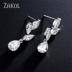 ZAKOL Vintage Flower Shape Zircon Water Drop Crystal Pendant Dangle Women's Earrings Bridal Wedding Jewelry 2026 Trend