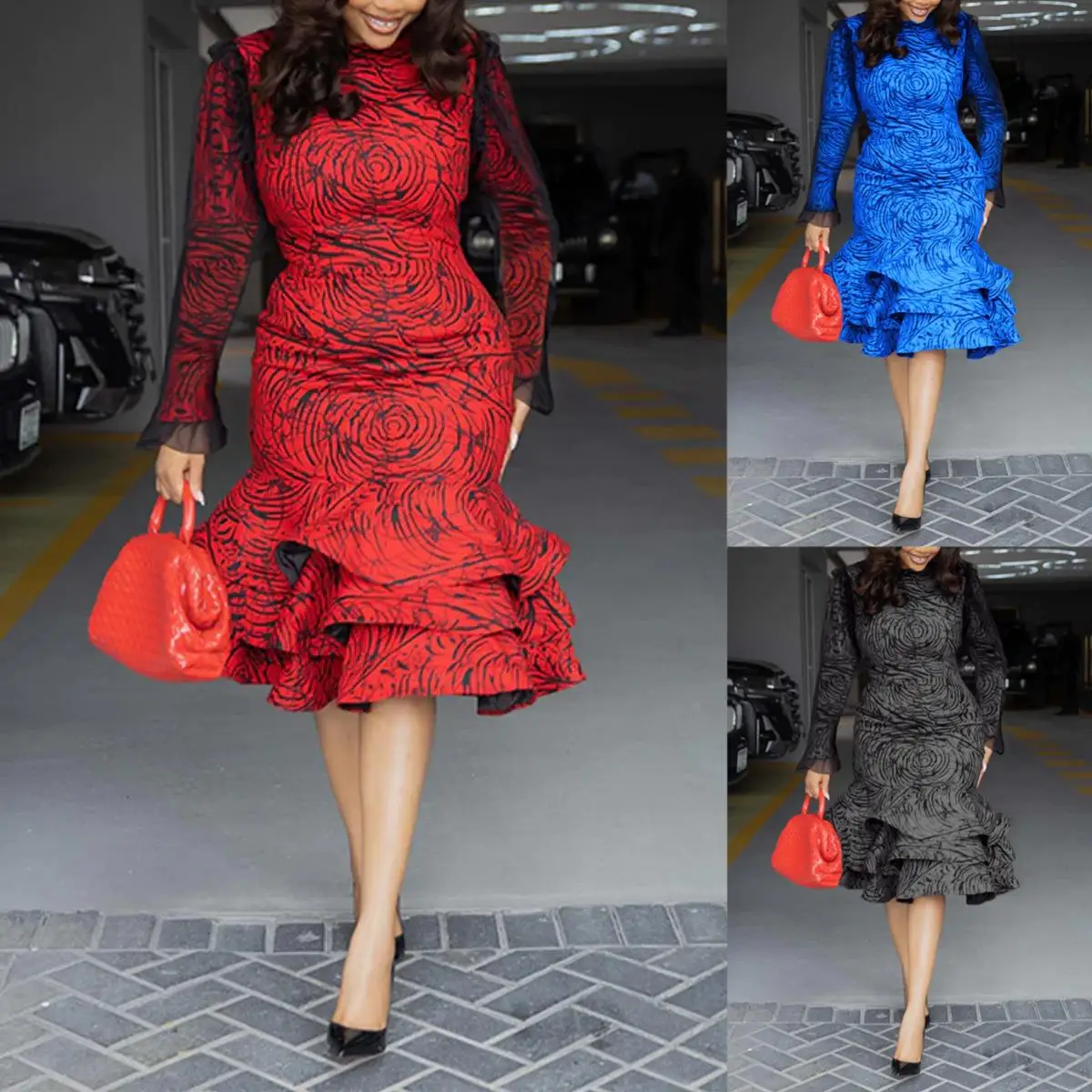 

Sexy Printed Long Me Patchwork Ruffle Dr Cotton Polyester mid Waist Cake Skirt Svel round Ne Long Sve
