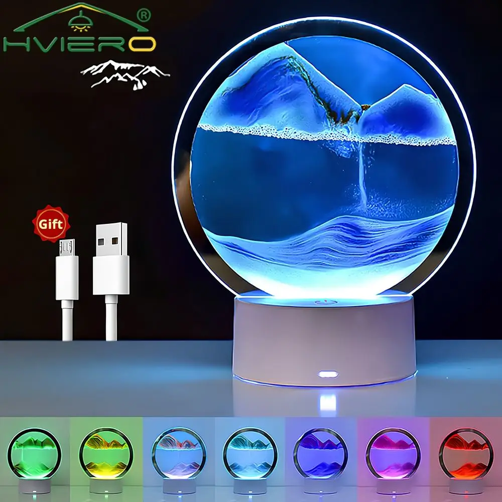 Lampada da tavolo a LED con pittura sabbie mobili Immagine artistica in movimento 3D Clessidra rotonda in vetro Luce notturna Comodino Decorazione