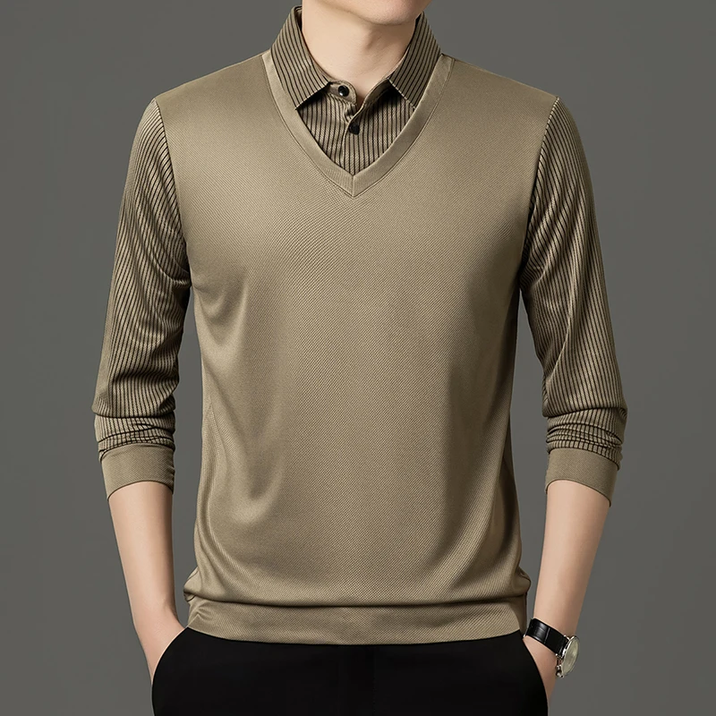 Frühlings- und Herbst-T-Shirt für Herren mittleren Alters, zweiteilig, aus reiner Baumwolle, langärmlig, mit großem Kragen und lockerem Poloshirt-Design. – Detail 12