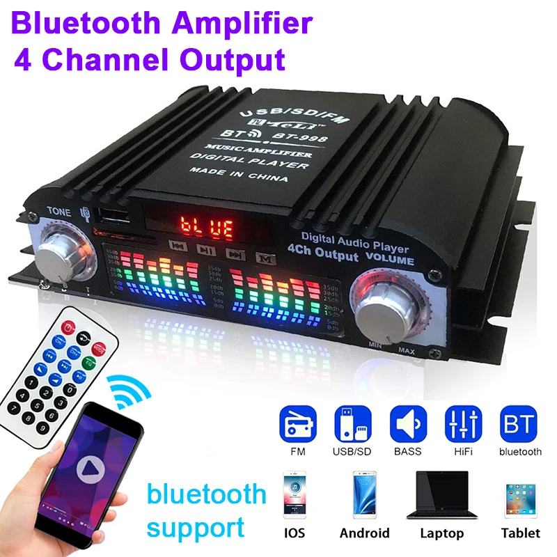 

12V 4 Channel Bluetooth Car Amplifier Subwoofer Audio Amplifier Stereo Audio Box 4 Voice Channel Audio Player Amplificador