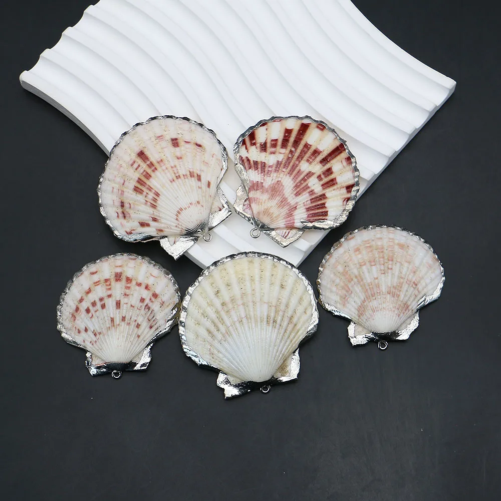 Scallop Shape Natural Seawater Shell Pendants Silver-plated Edge Wrapped Charms Vintage Style Necklace Jewelry Accessory 5 Pcs