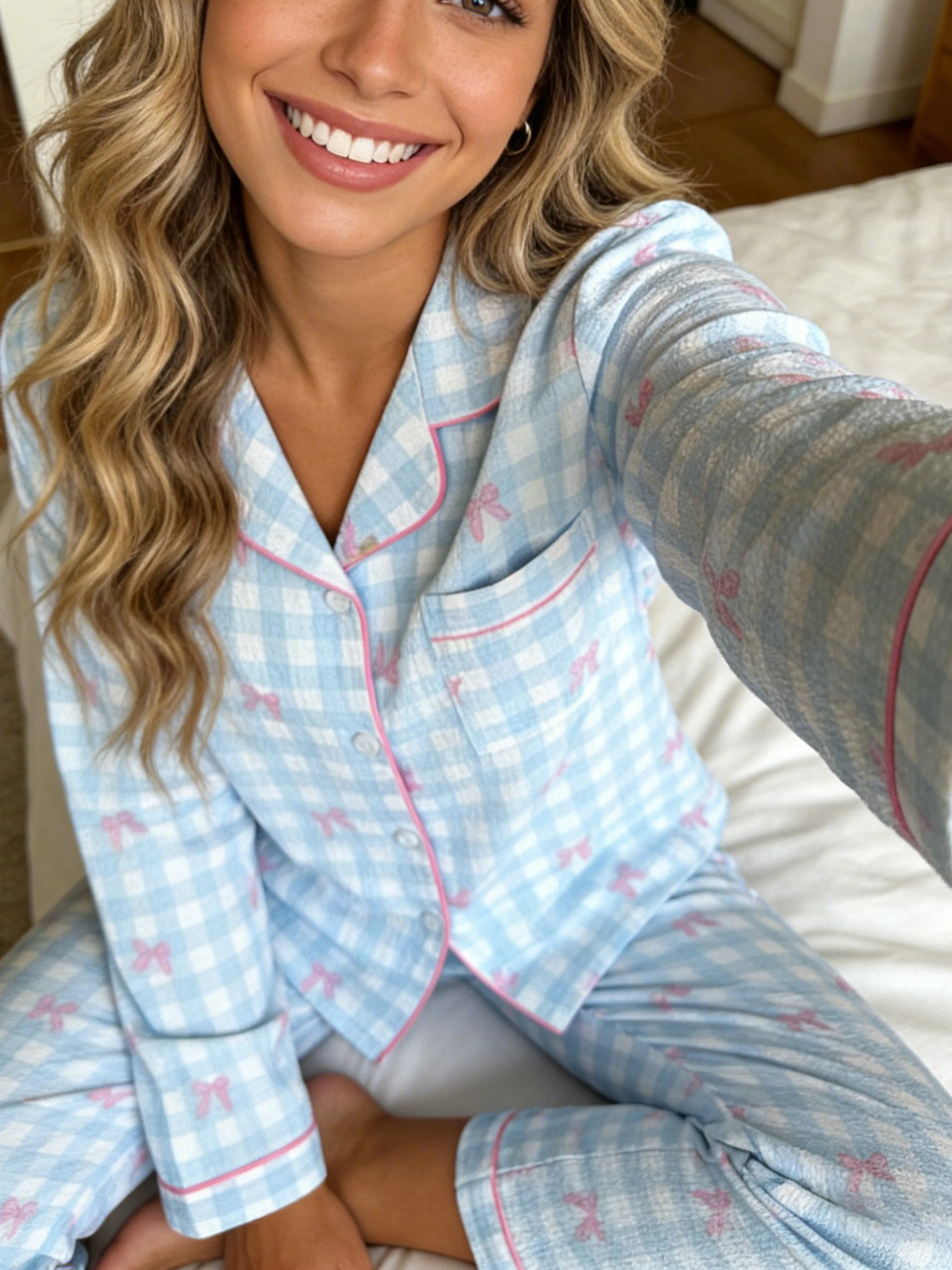 Women Pajamas Notch Lapel Long Sleeve Pants 2 Piece Set Spring Fall Winter Cute Bow Gingham Print Homewear image 6