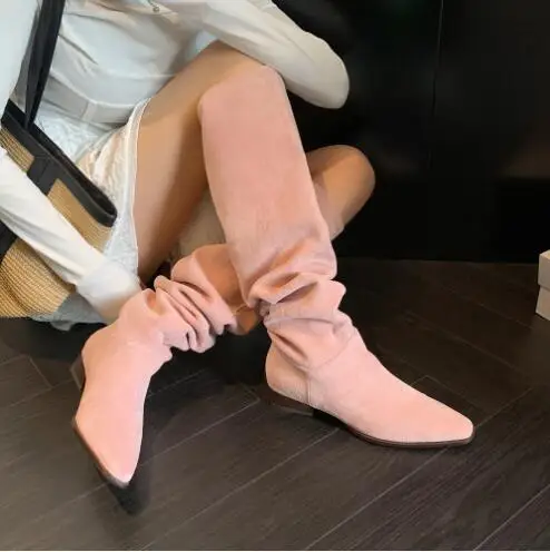 Big Calf Ladies Green Pink Apricot Suede Small Square Toe Tube Slip On Pleated 3 CM Heels Knee High Boots Women Long Botas Shoes