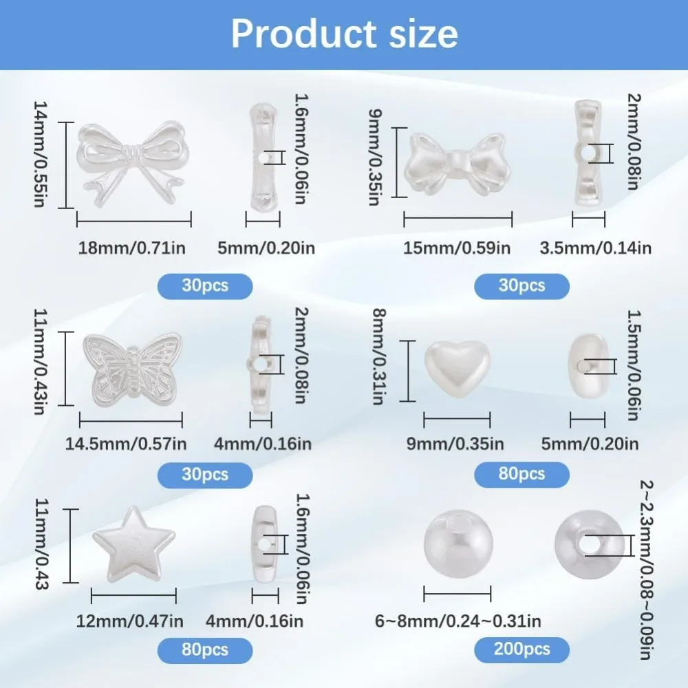 7 Styles 450Pcs ABS Imitation Pearl Beads Bulk Loose White Bead Plastic Heart Star Bowknot Butterfly Round Beginners making kit