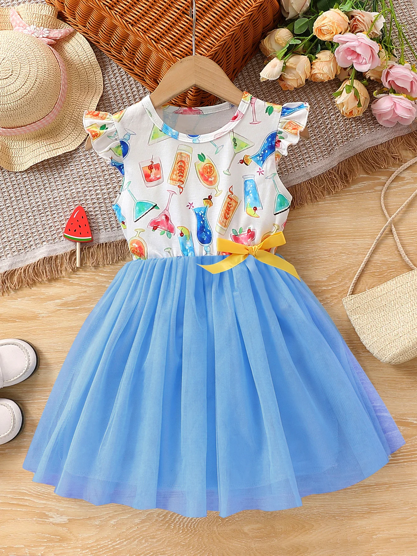 Toddler Girls Summer Dress Cute Cartoon Print Tulle Princess Dress for Kids 1-8Y Children's Holiday Party Birthday