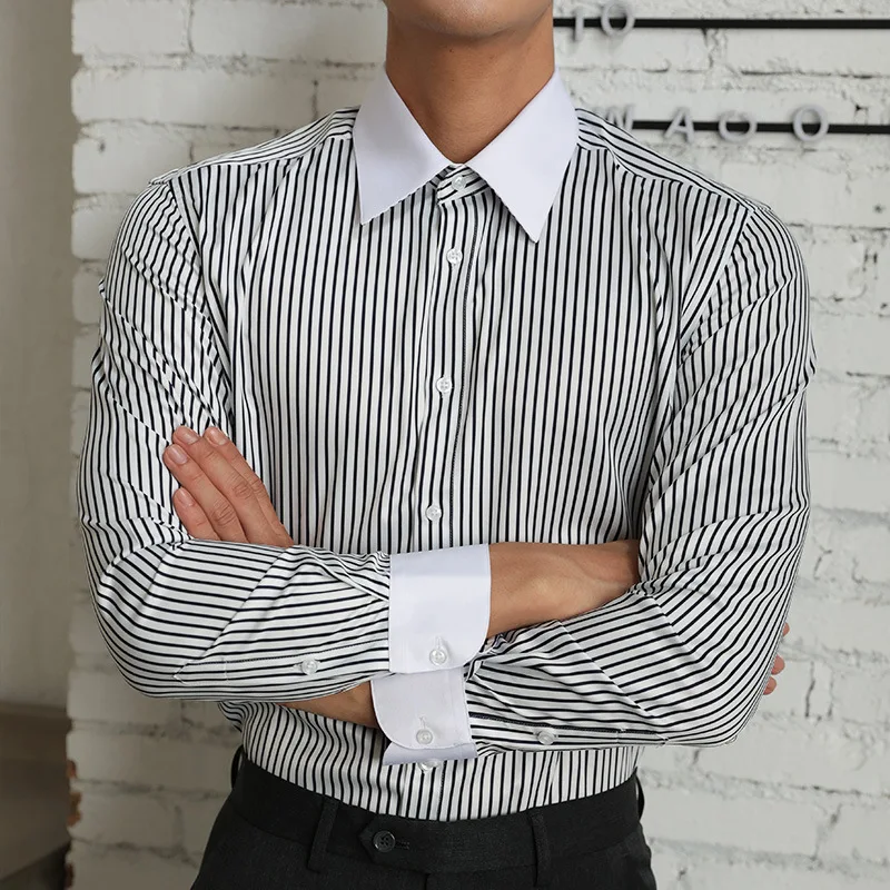 

Casual Striped Long Sve Slim Fit Men's irt Color Blo Collar Retro Briti Sle Busin Casual Faionable Top