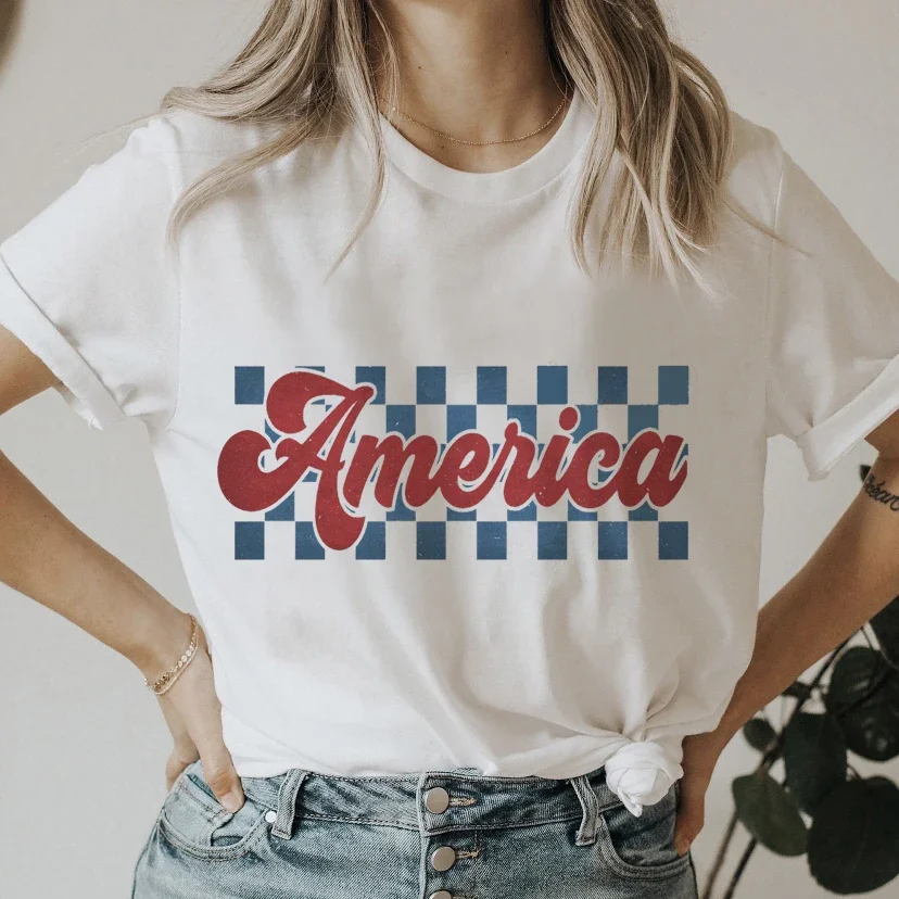 

America 4th Of July Short Sleeved Women's Letter Printed Top T-Shirt Women's New Summer O-Neck Fashion T-Shirt Pattern T-Shirt