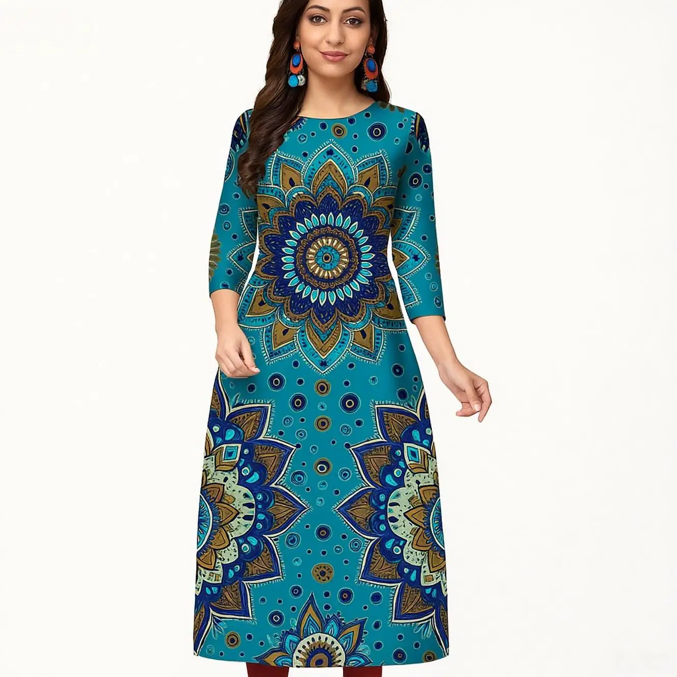 Women's casual, fashionable and comfortable Kurt dress long sleeved straight tube casual ethnic round neck regular size new item