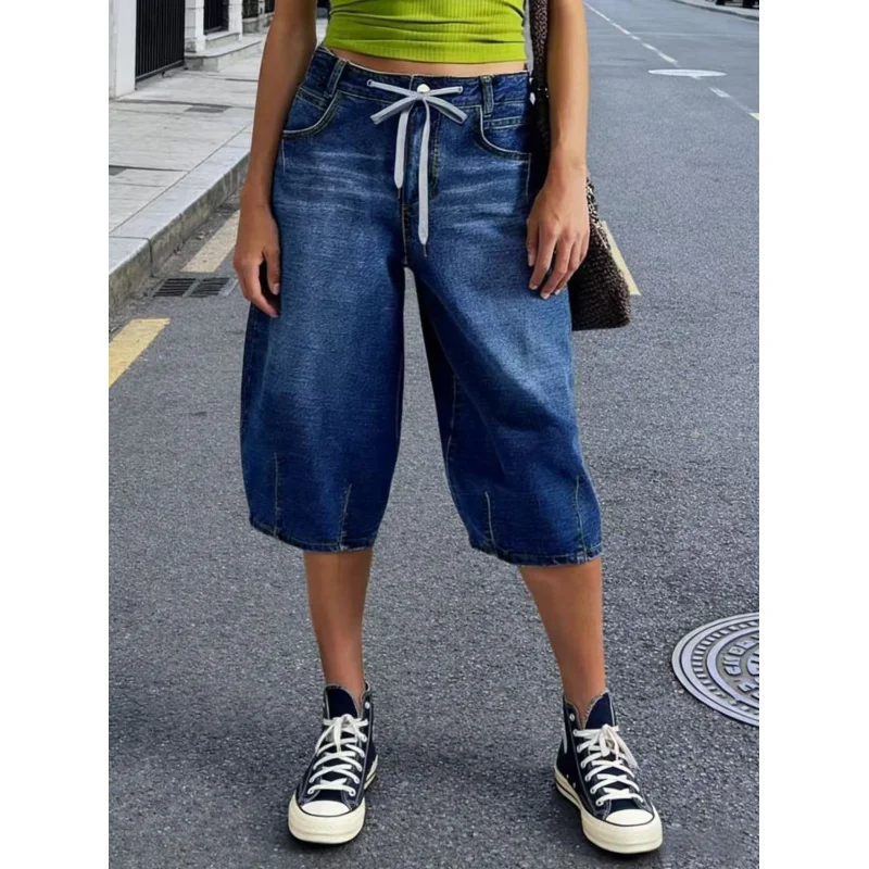 Women's Cinched Belted Washed Denim Casual Shorts Five-Pocket Design New Fashionable Summer Shorts