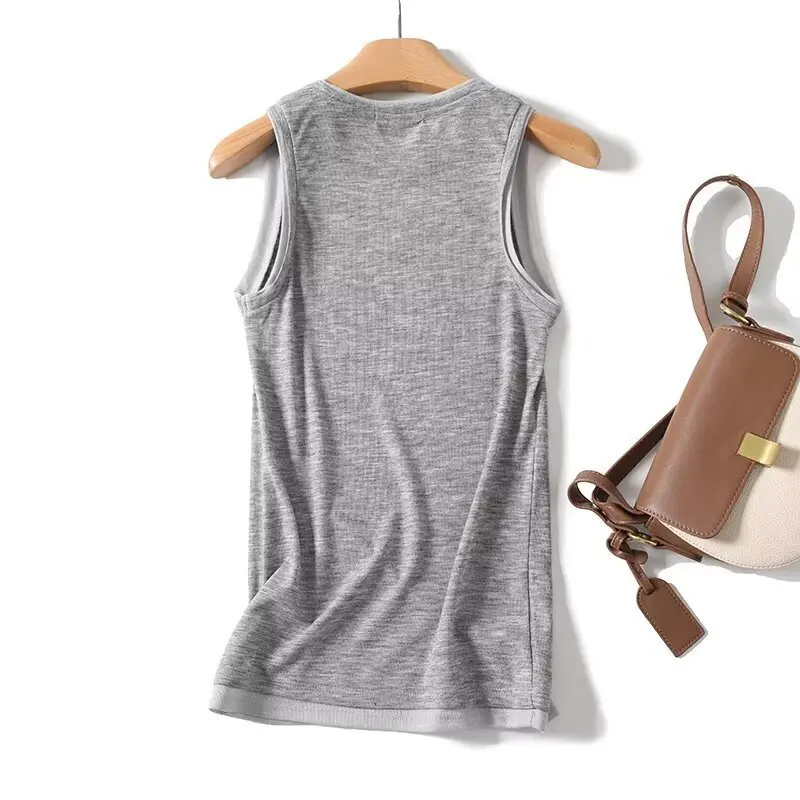 Maxdutti Nordic Minimalist Gray Fake Two-piece Vest T-shirt Women French Lazy Style Women's Summer T-shirt Top