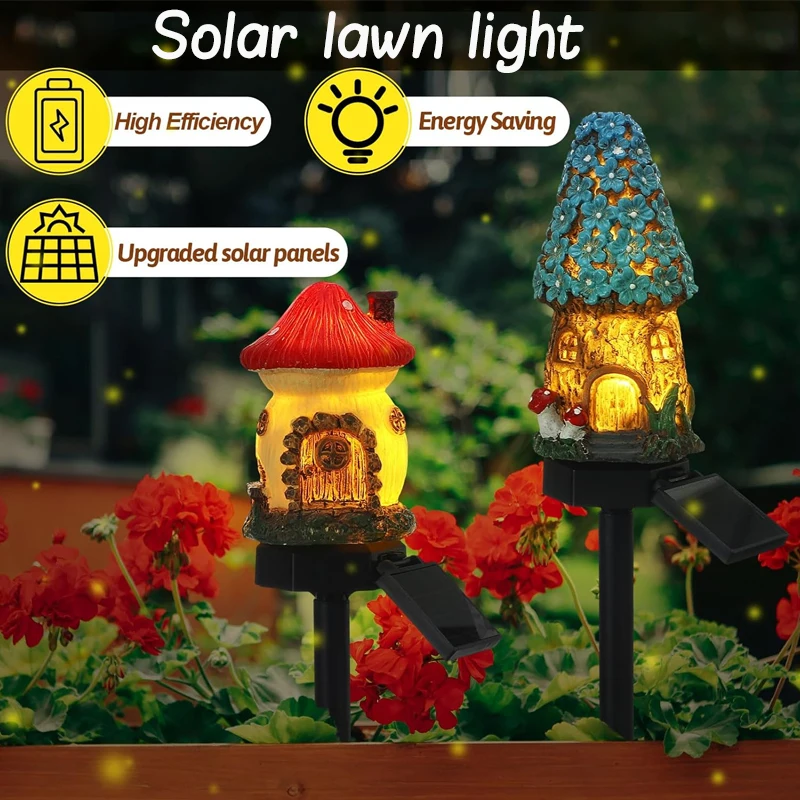 Creative Solar Resin Mushroom House Light Waterproof Small House LED Floor Plug Light For Outdoor Garden Lawn Decoration