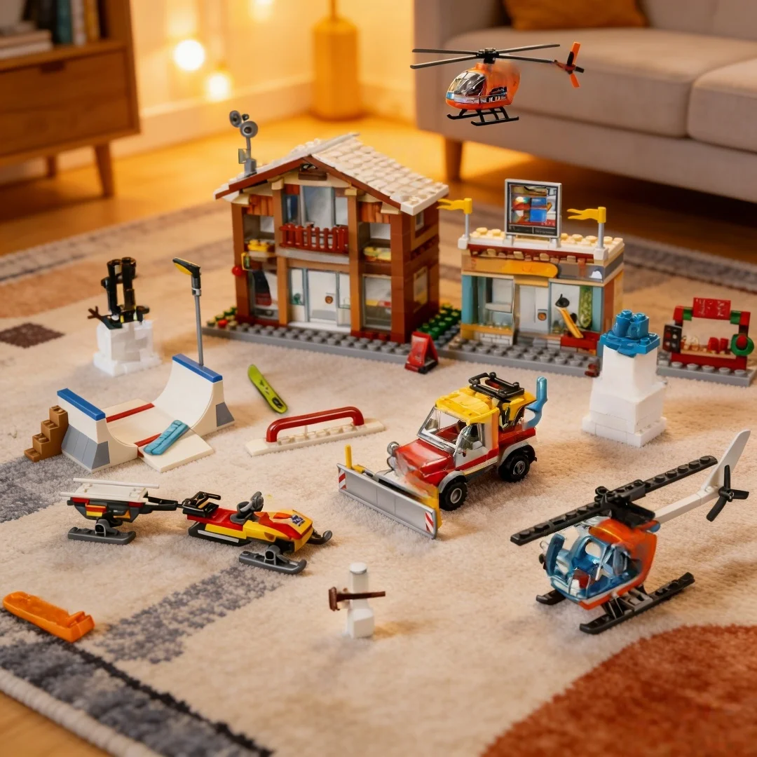 

Polar snow scene building block set lifting helicopter and rescue vehicle assembly model boy educational toys Christmas gifts