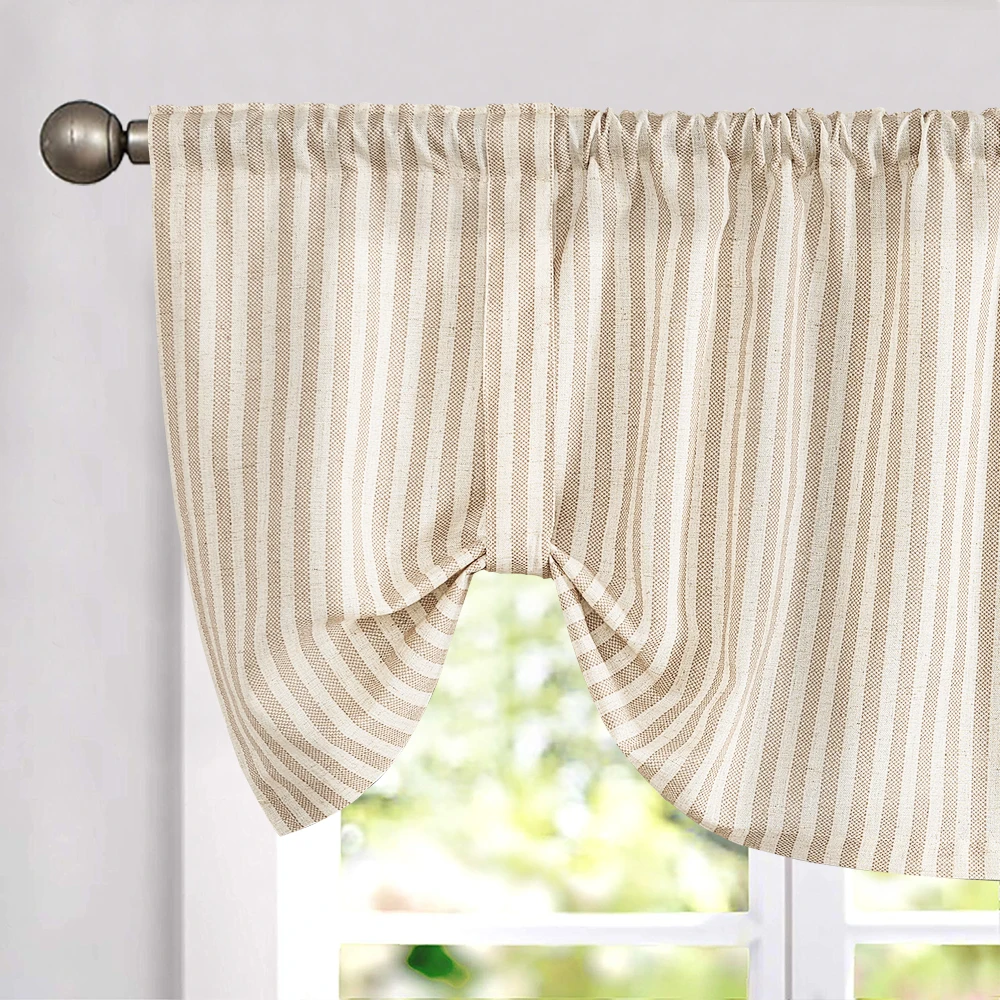 JINCHAN 50*18 Tie Up Valance Linen Textured Bow Tie Curtain Kitchen Bathroom Rod Pocket Valance Ticking Stripe Pull Cord Valance