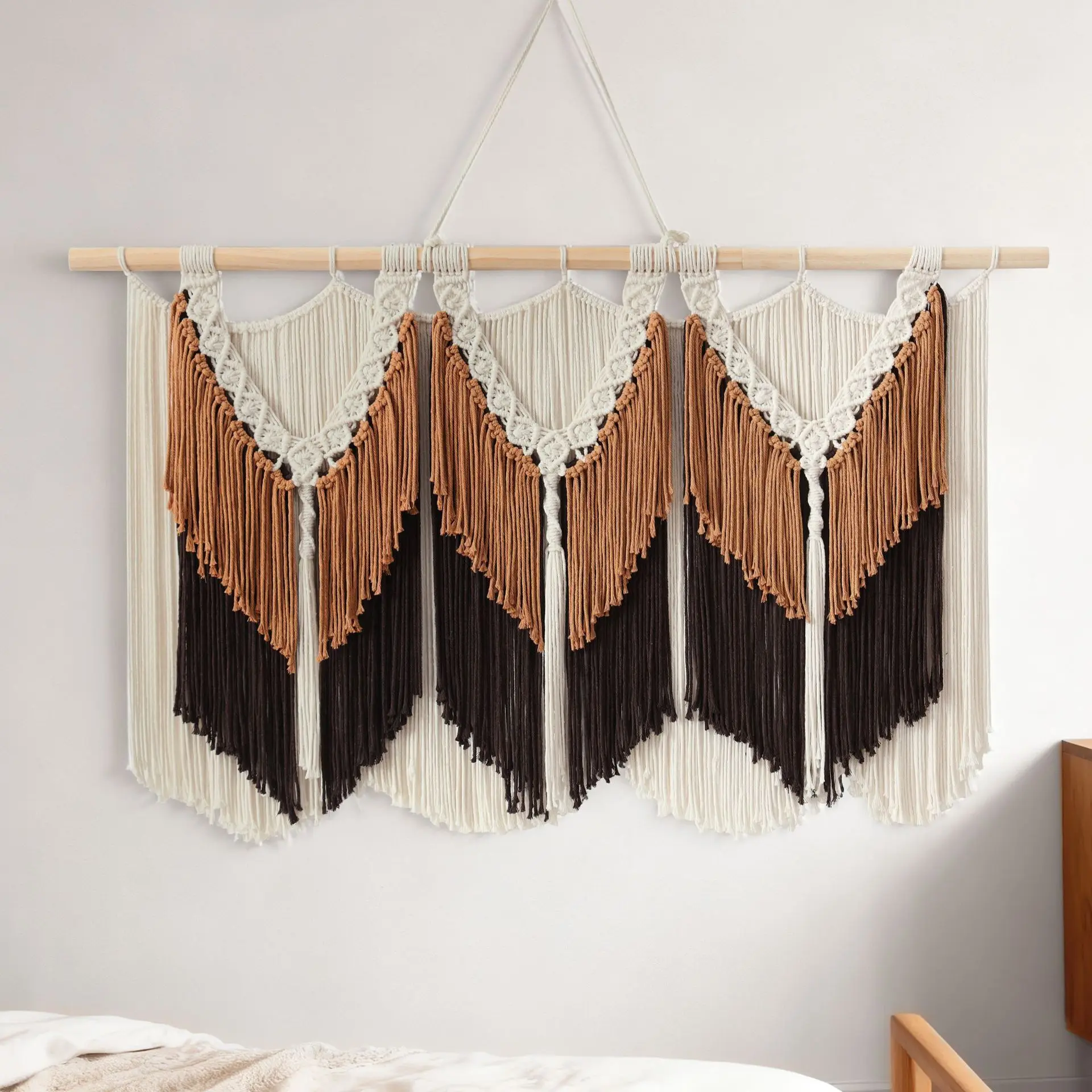 Tri-Color Macrame Wall Hanging, Handwoven Layered Fringe Tapestry, Boho Large Wall Art for Bedroom Sofa Home Decor