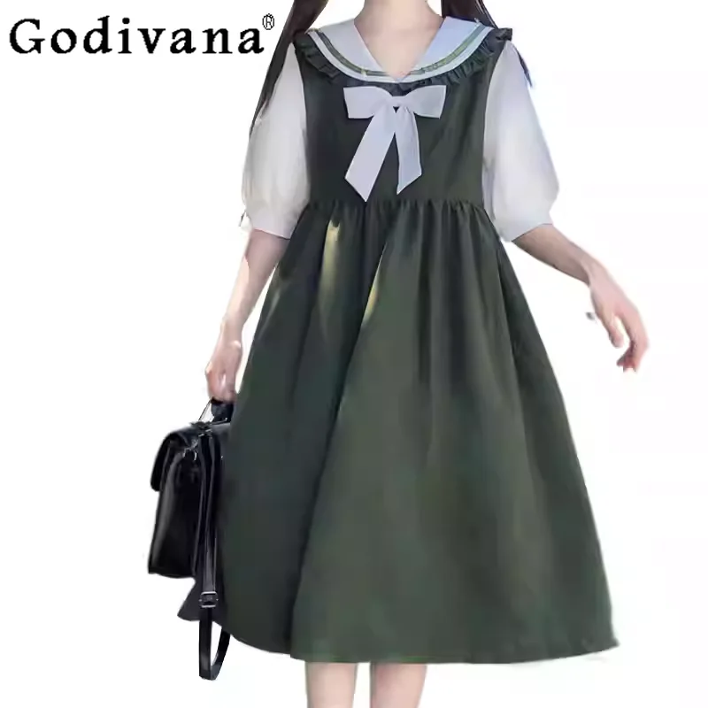 

New Sweet Ruffles College Japanese Navy Collar Cute Dress Girls Summer High Waist A-line Versatile Age Reduction Loose Dresses