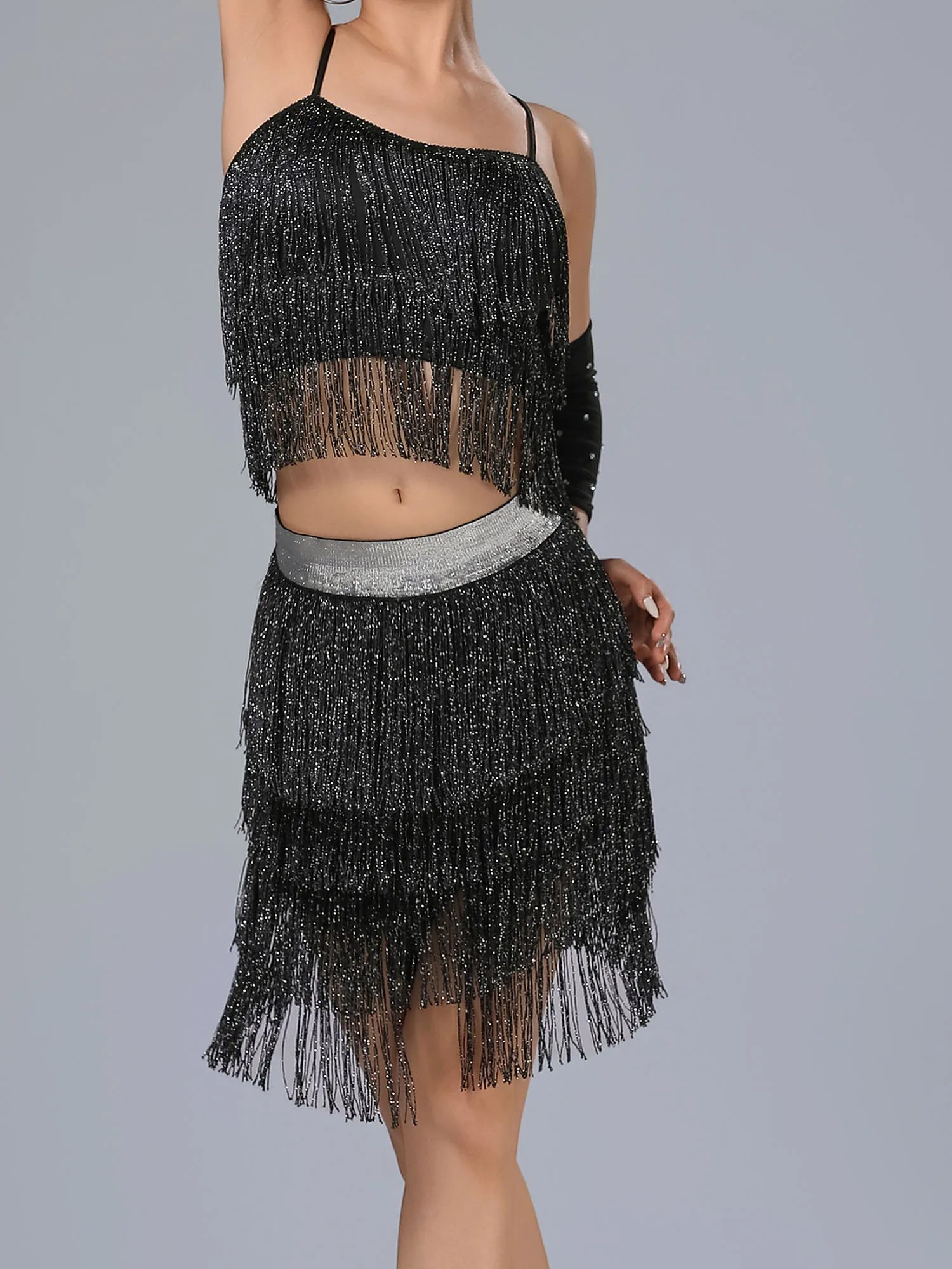 

Women Jazz Latin Chacha Dance Costume Tiered Tassel Crop Camisole Detachable Sleeves and Skirt Set Tango Samba Rumba Dancewear