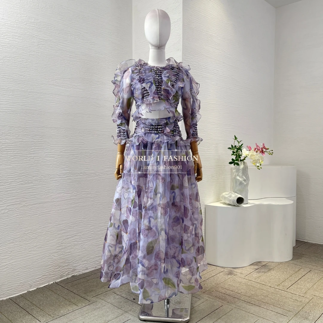 

2025 New Floral Print Violet Purple Long Sleeve Ruffles Frilled See Through Blouse Tops and Skirt Set for Holiday