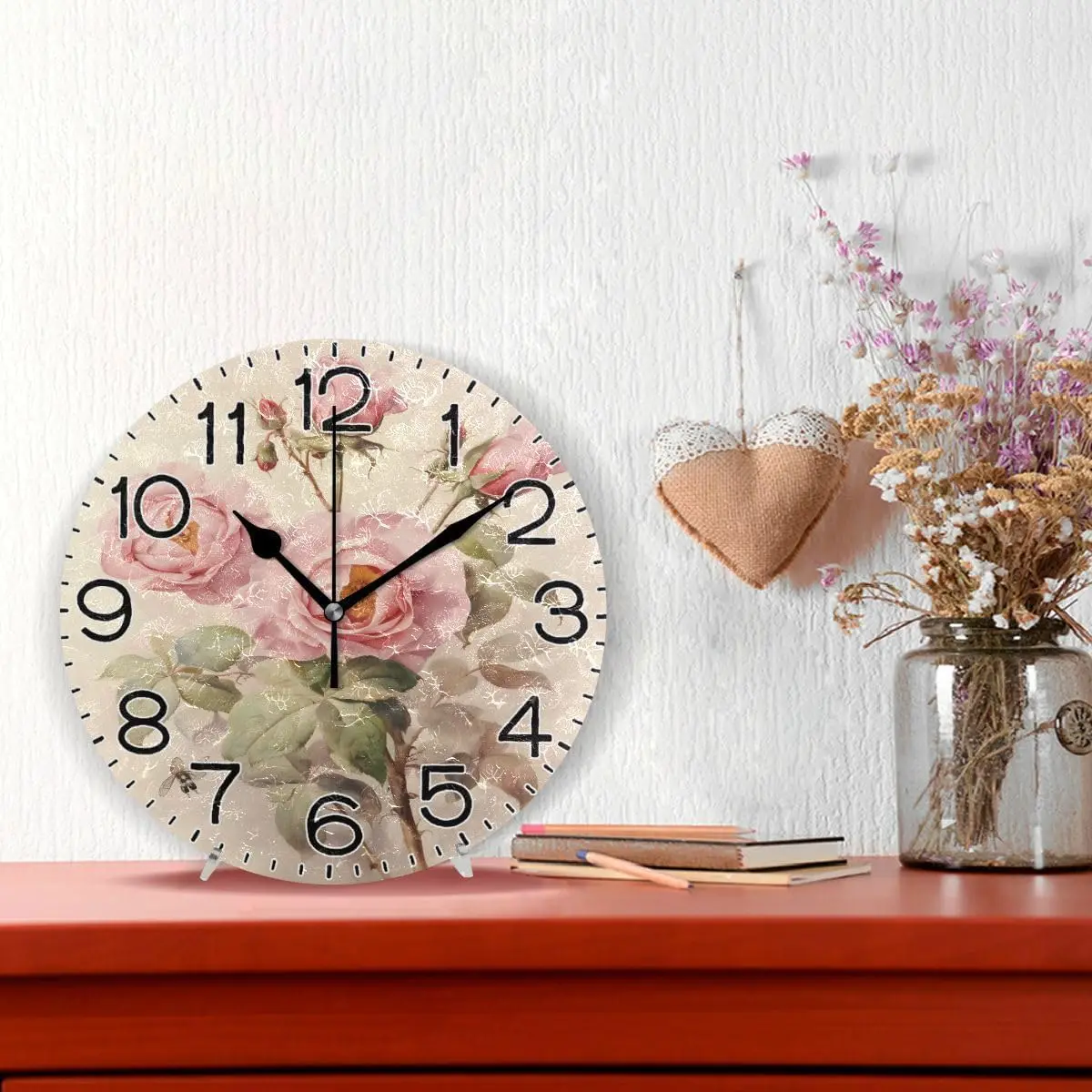 Pink Rose Flowers Wall Clock Battery Operated Non Ticking Silent Quartz Analog Rustic Farmhouse Round Clock Retro Decor for Home