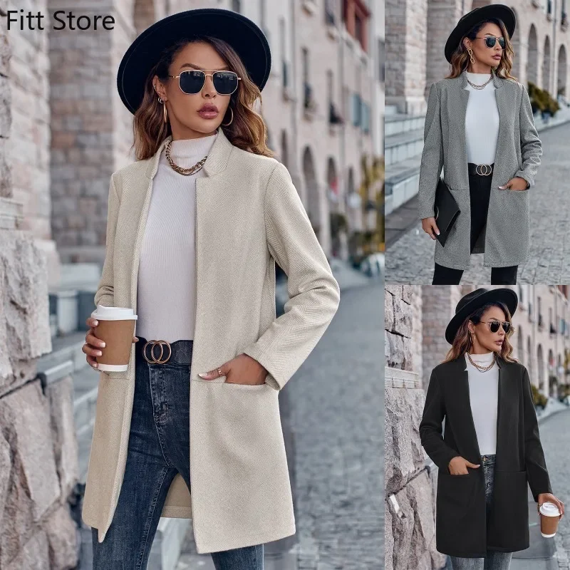 

Women Shirt Stand Up Collar Solid Color Versatile Mid Size Jacket Women Shirt