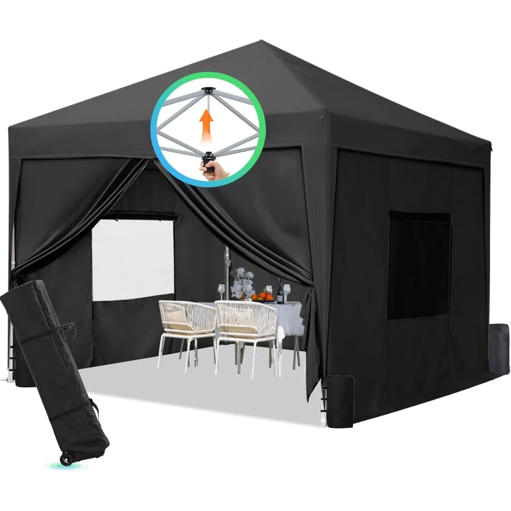 10x10 Pop up Canopy Tent with Sidewalls and Roll-up Ventilated Windows,  Easy Outdoor Commercial  Bonus 4 Sandbags (Black)