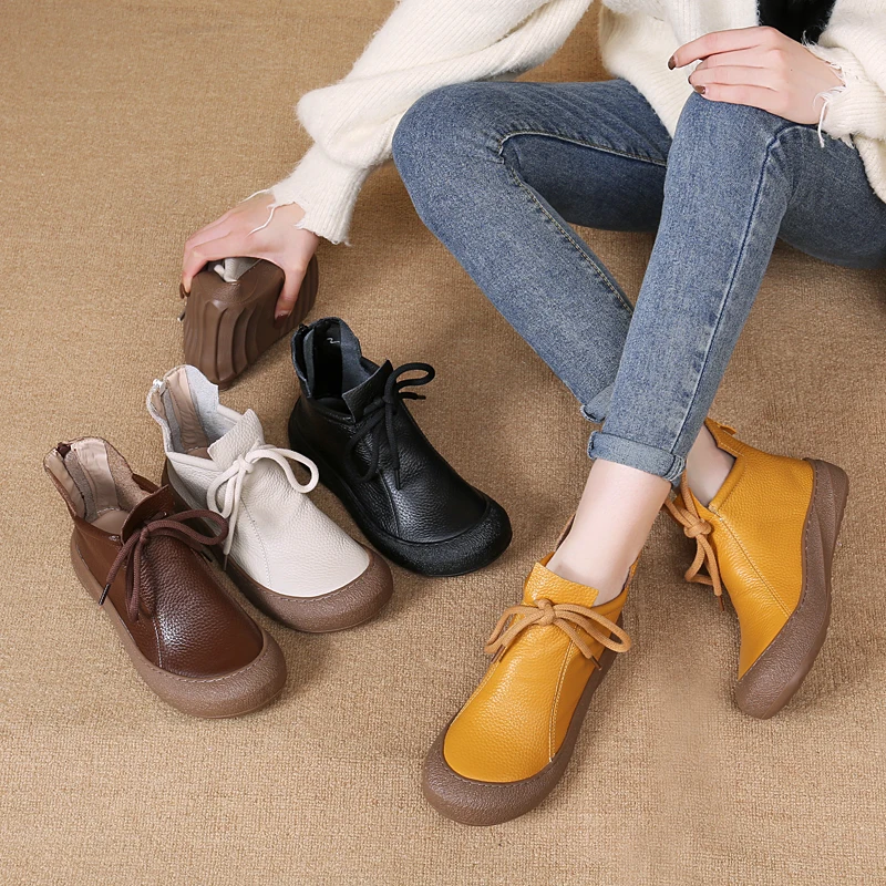 

Повседневные мягкие кожаные ботинки с круглым носком на плоской подошве, осенне-зимние короткие ботинки, женские ретро-ботинки с противоскользящей подошвой и хлопковой подкладкой