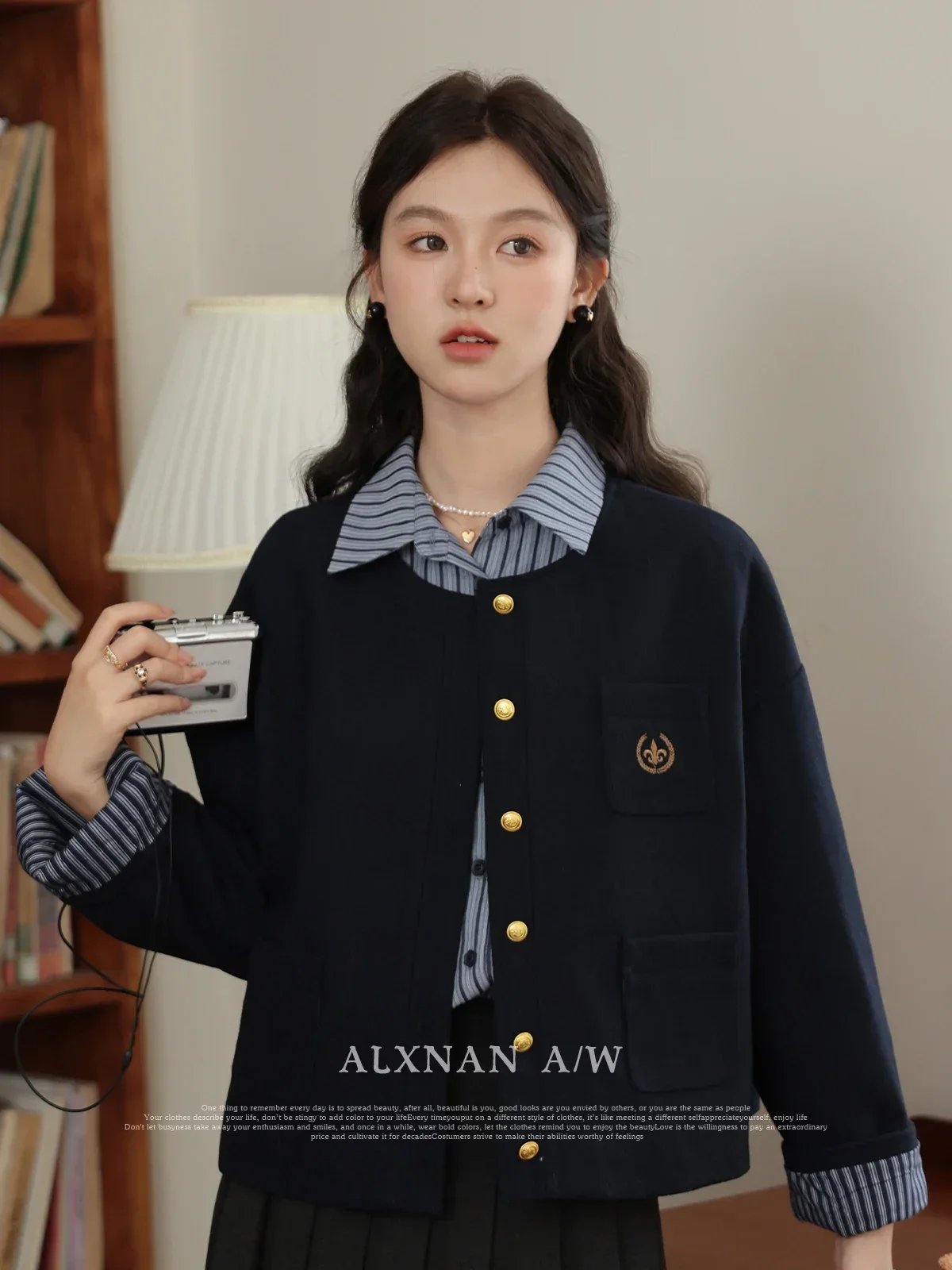 

ALXNAN French Style Women's Jacket 2024 Autumn Winter Round Neck Metal Buttons Casual Loose Long Sleeve Female Overcoat LXN32126