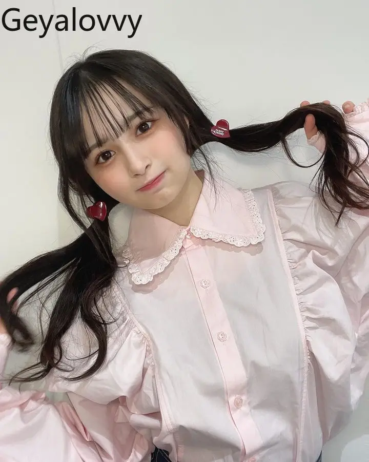 

Japanese Sweet Style Girl Lace Patchwork Pure Cotton Shirt Spring Autumn New Pink Puff Long Sleeve Women's Outerwear Tops