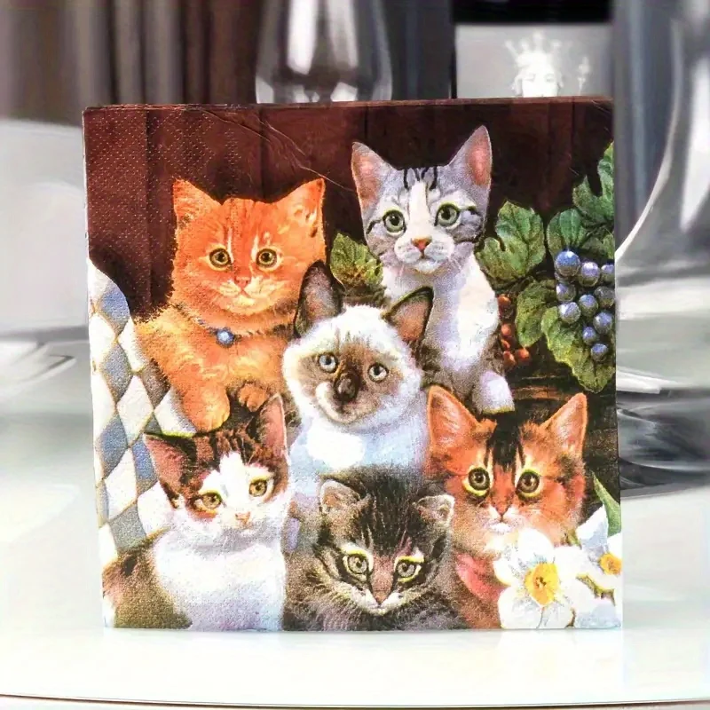 20pcs Restaurant printed cat napkins, cute kitten square animal decorative tissue, tissue board decoration, holiday scene decora