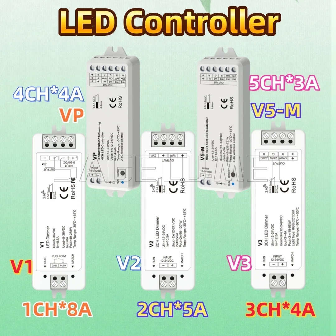 V1 V2 V3 VP V5-M Skydance DC12-24V 1/2/3/4/5CH RGBW RGB+CCT RGB Controller 2.4G For Led Strip Light Single Color CCT LED Dimmer