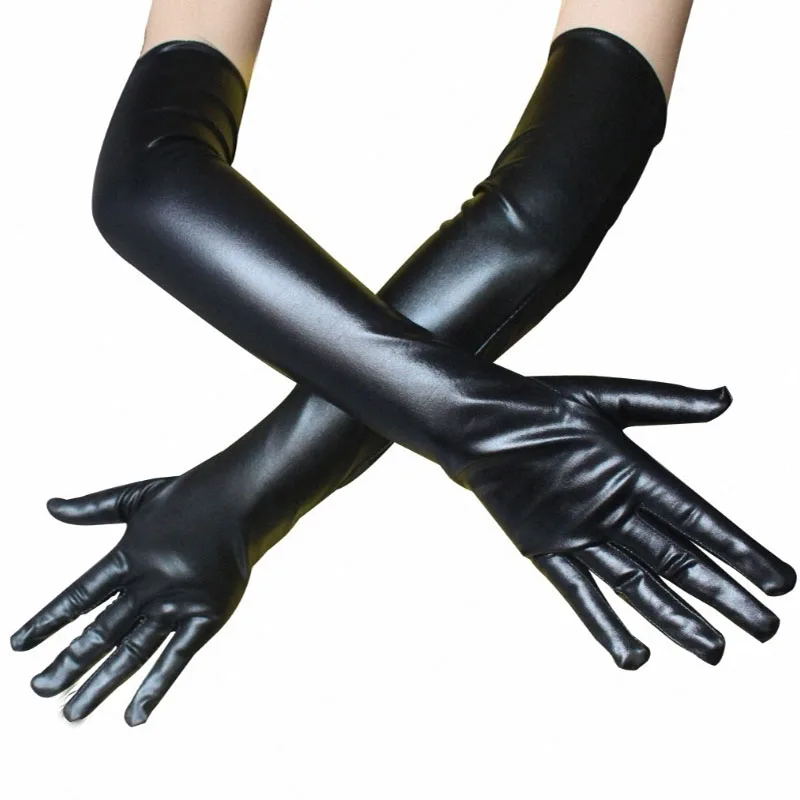 New Adult Women Ladies Long Leather Gloves New Winter Fashion Evening Party Full Finger Patent Leather Dance Performance Gloves