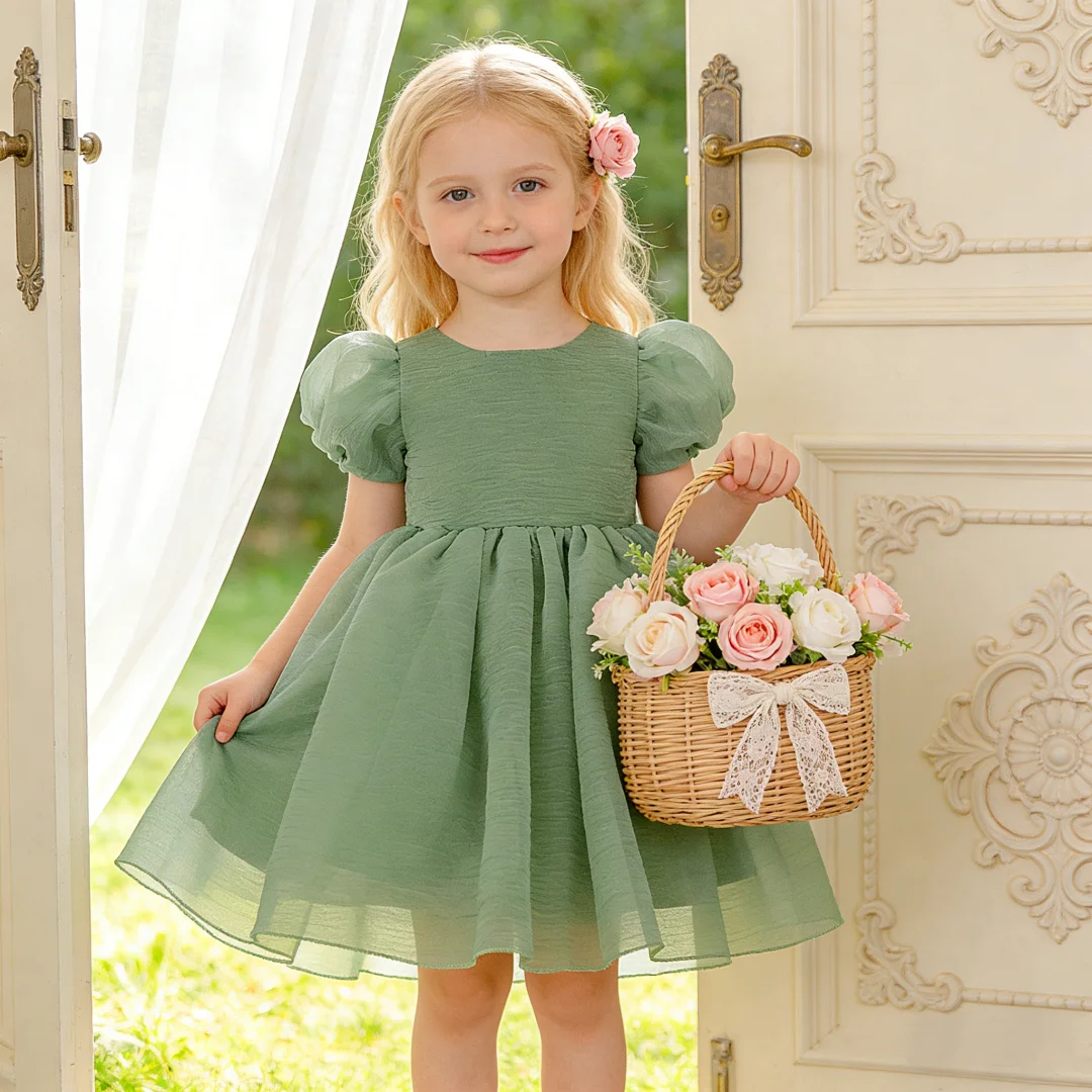 Girl Avocado Green Dress Puff Sleeve Dress Princess Dress Suitable for Birthday Gift Outdoor Travel Photo Photographyb