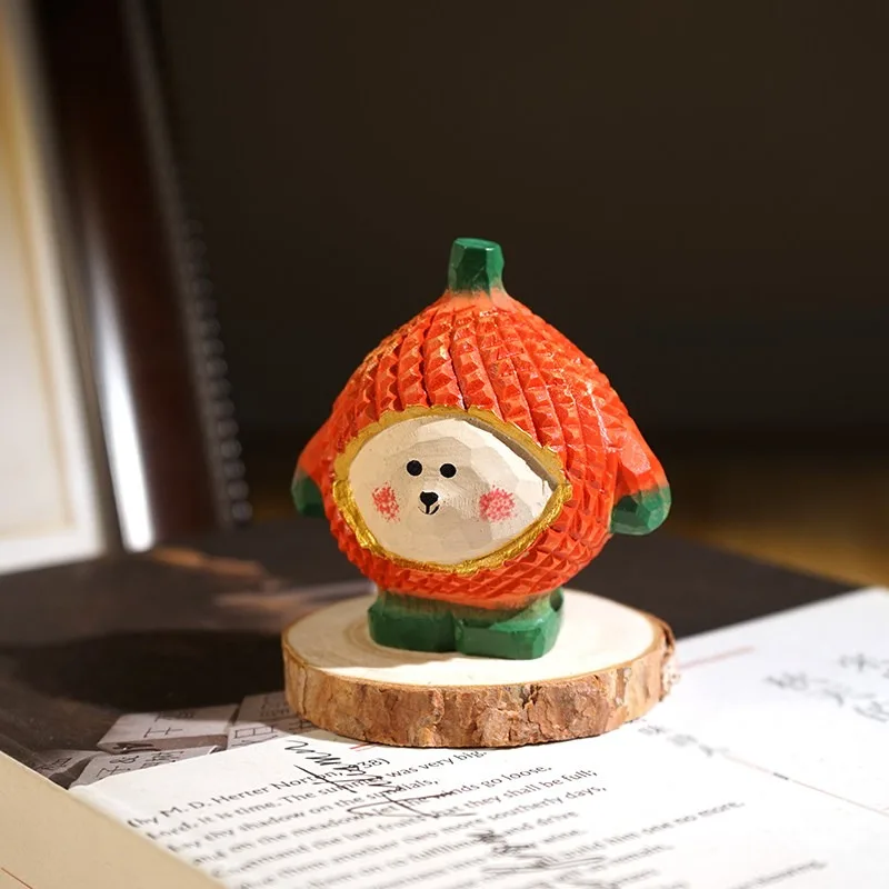 1 PC Cute Mini Hand Carved Happy Durian Bear Wood Miniature Cartoon Wooden Animal Ornament Home Table Desk Decor Creative Craft