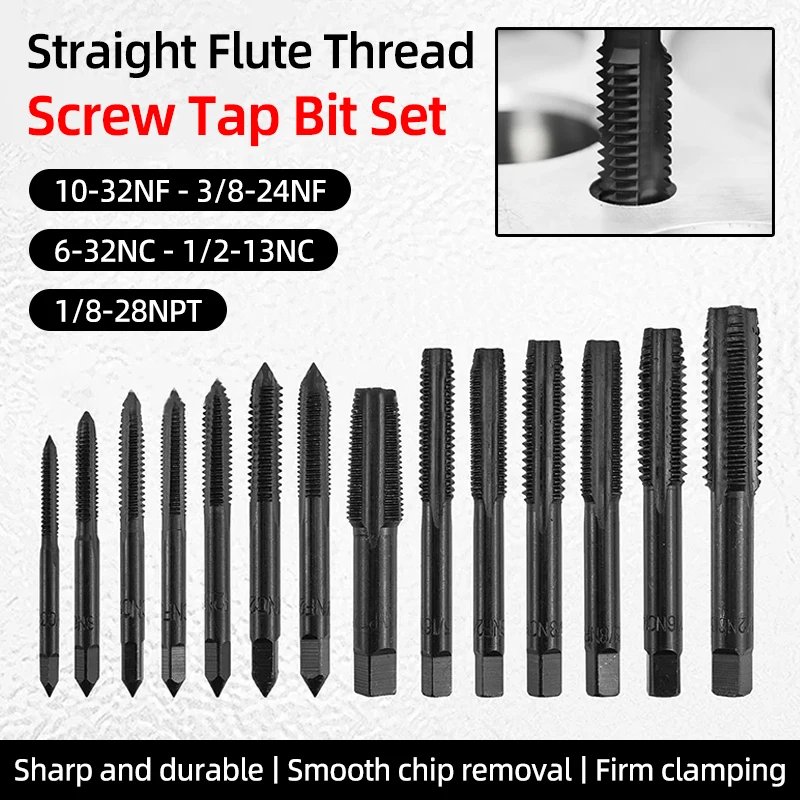 Screw Tap Drill Bit Set Thread Tap Straight Flute Taps Inch SAE Tap Drill Bits Machine Plug Tap Threading Tool Hand Tools