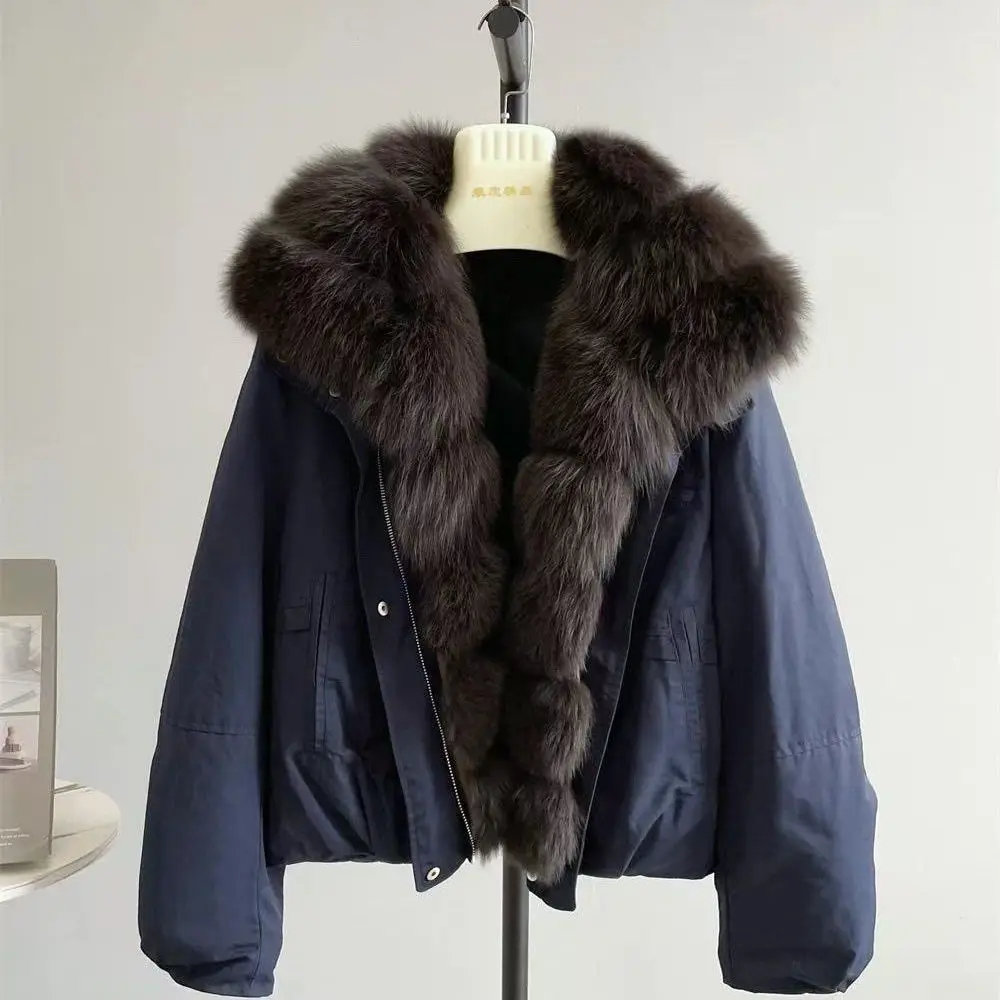 Chaqueta de plumón Parker gruesa y cálida para mujer, abrigo con cuello de piel de zorro desmontable, prendas de vestir cortas y cálidas, novedad de 2025