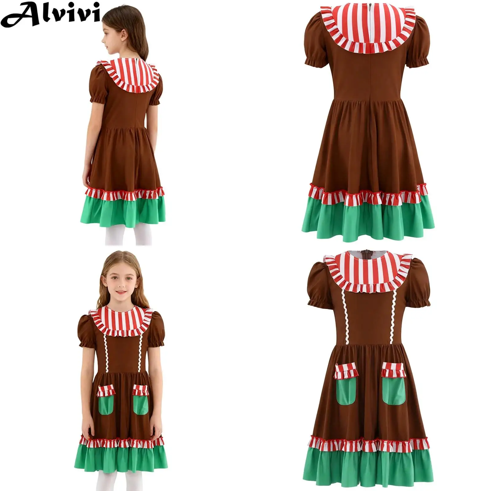 أطفال بنات منتفخ قصيرة الأكمام سستة مخطط تكدرت فستان عيد الميلاد عيد الميلاد كرنفال موضوع حفلة الزنجبيل رجل تأثيري حلي #1