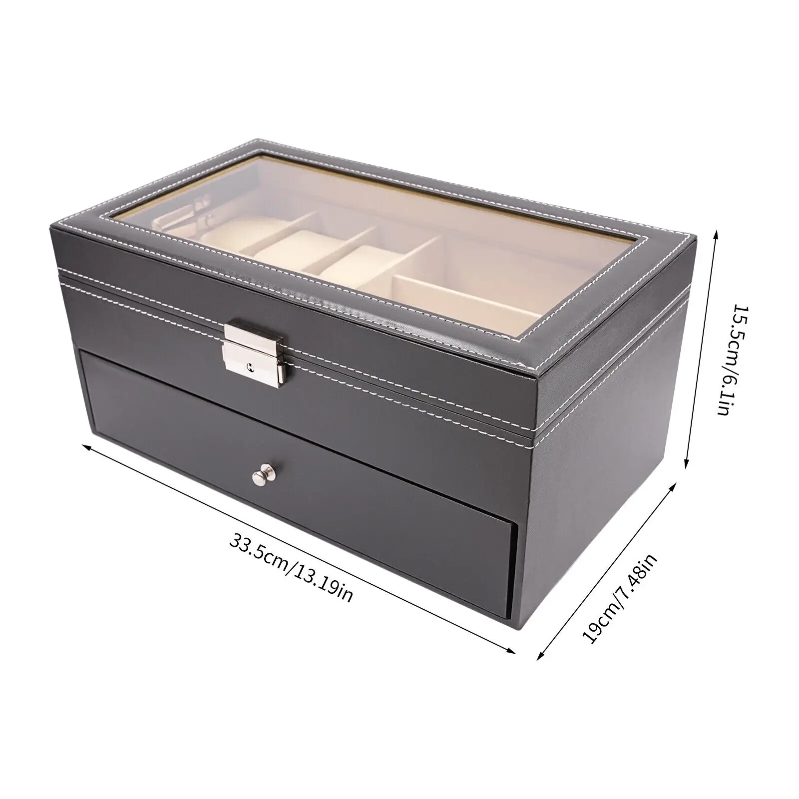 Black Watch Box PU Case Organizer 15 Slots Sunglasses Drawer Storage And Display