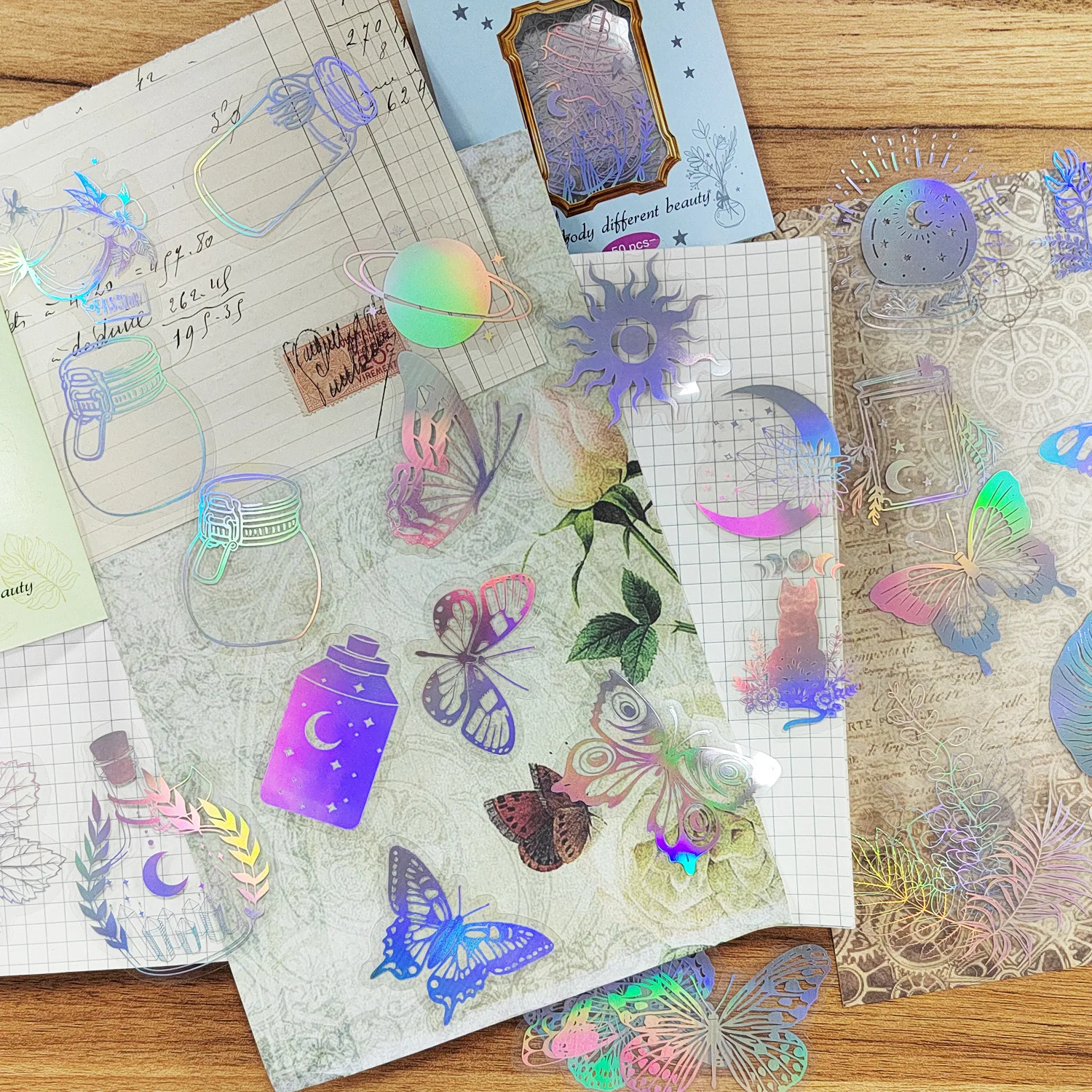 50PCS Holographic Laser Stickers Transparent Retro DIY Stationery Decoration Sparkling Creative Handmade Sticker Pack
