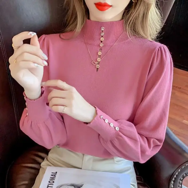 Autumn Winter New Fashion Half High Collar Solid Color Long Sleeve Pullovers Women\'s Clothing Patchwork Slim Knitting Trend Tops