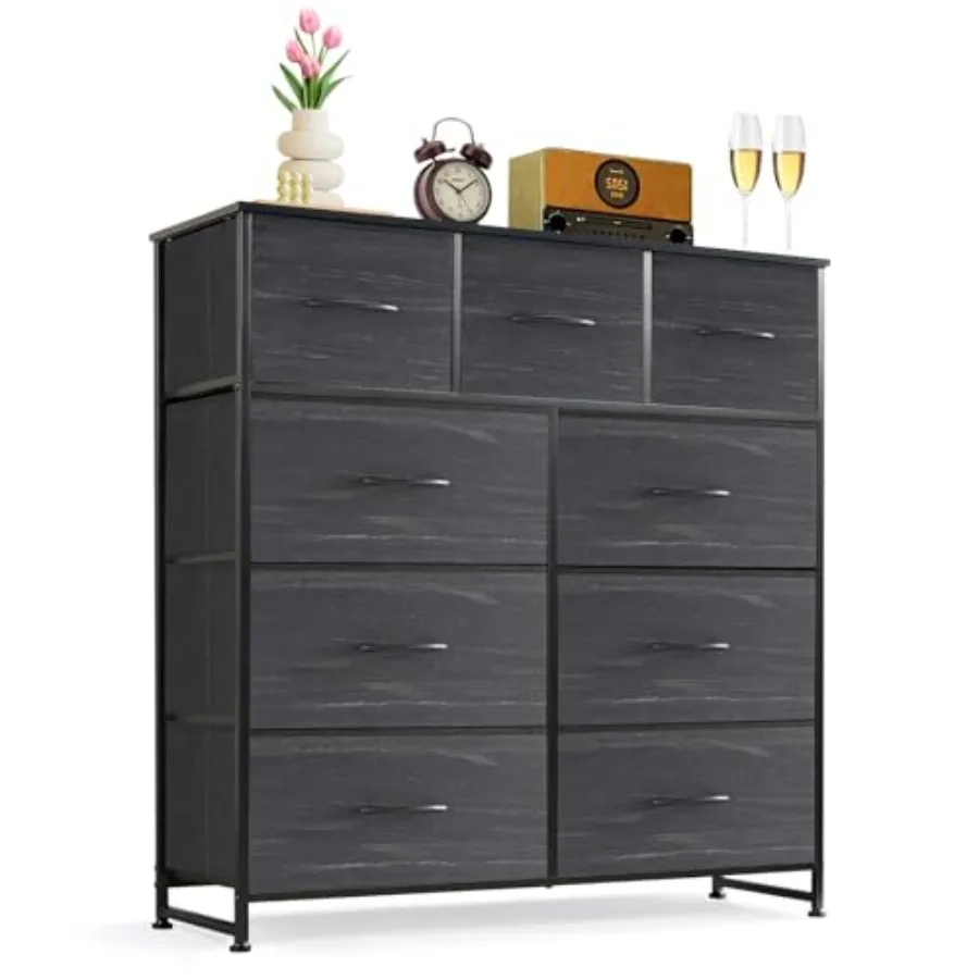 

9-Drawer Dresser for Bedroom Anti-Tip Tall Storage Organizer Chest of Drawers with Wooden Top and Metal Frame Fabric Bins for C