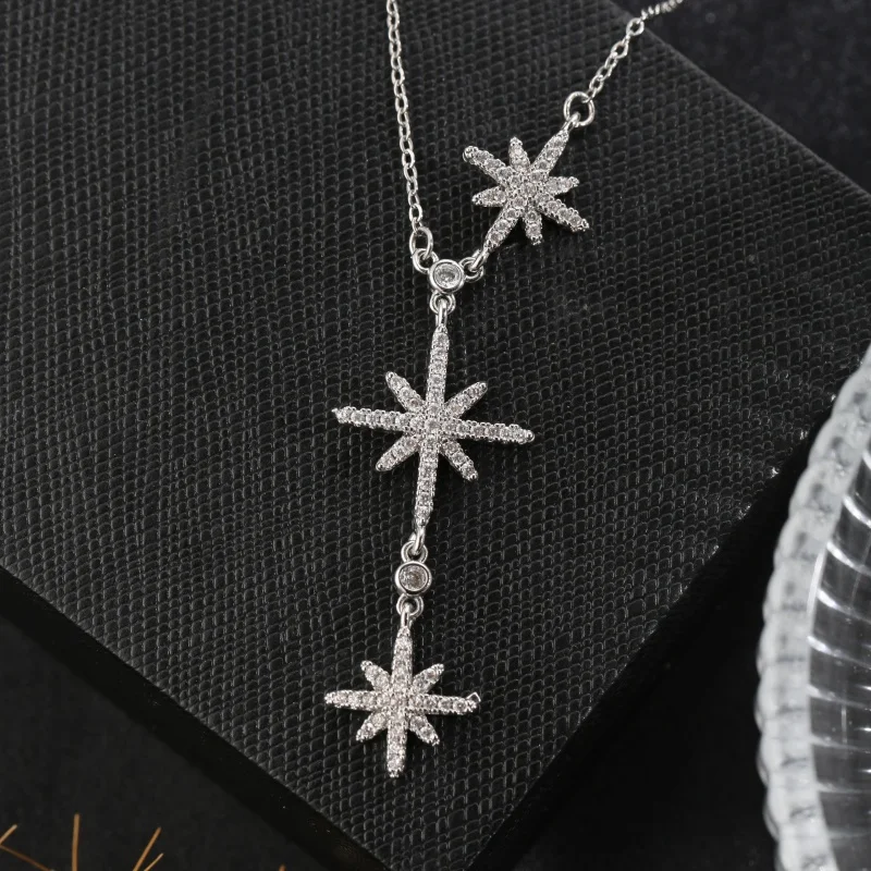 1 Piece Stainless Steel 18K Gold-Plated Eight-Pointed Star Rhinestone Copper Pendant Tassel Necklace, Starry Atmosphere Neck Accessory