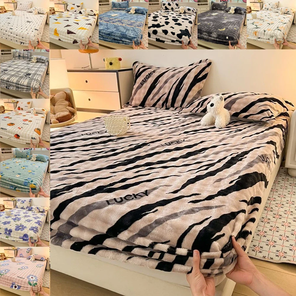 Velvet Printed Warm Bed Cover Soft Comfortable Elastic Fitted Sheet for Bedroom Fully Wrapped AntiSlip Mattress Protect Cover