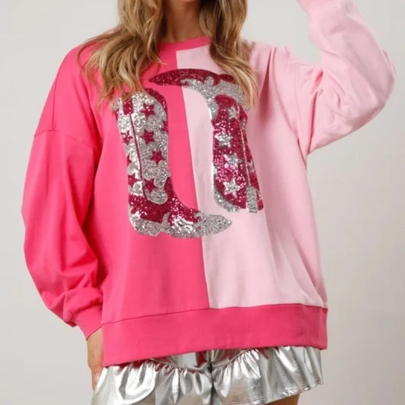 Sudadera con lentejuelas y estampado de botas para mujer, Jersey versátil de manga larga a la moda, primavera y otoño, novedad de 2024