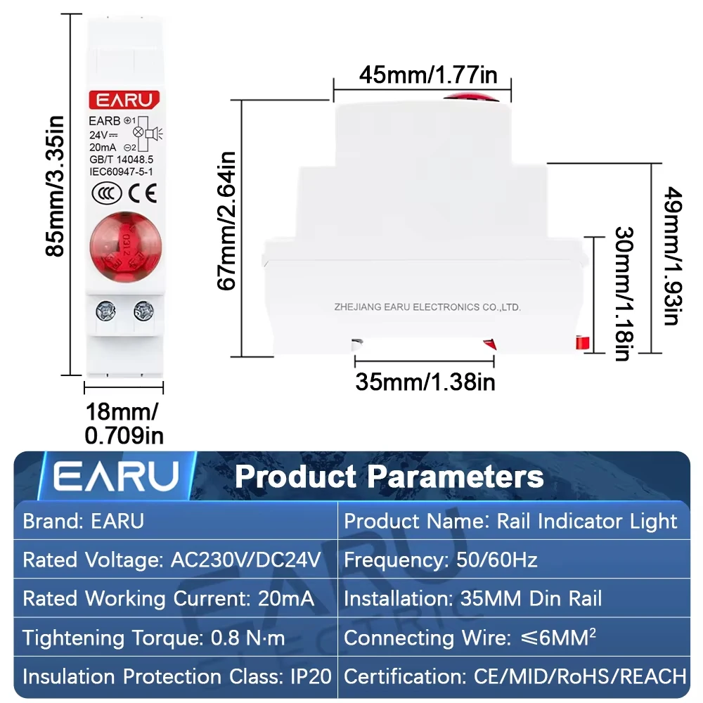 EARU 18MM Din Rail Mounted Audible Visual Alarm Beep Buzzer with Red LED Pilot Signal Indicator Light Lamp AC230V 50/60Hz DC24V
