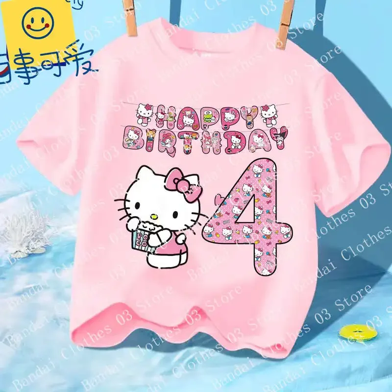 

MINISO Hello Kitty Number Print Kawaii Girls Clothes 1 2 3 4 5 6 7 8 9 10 Years Birthday Kids T Shirt Baby Boys Children T-Shirt