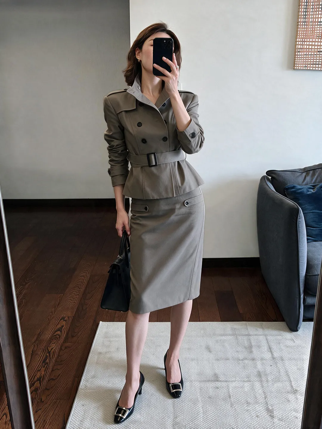 Fashionable Belted Women's Set High Intelligence Old Money Style Slim Fit Jacket Skirt Two Piece Set Korean Style Casual Wear