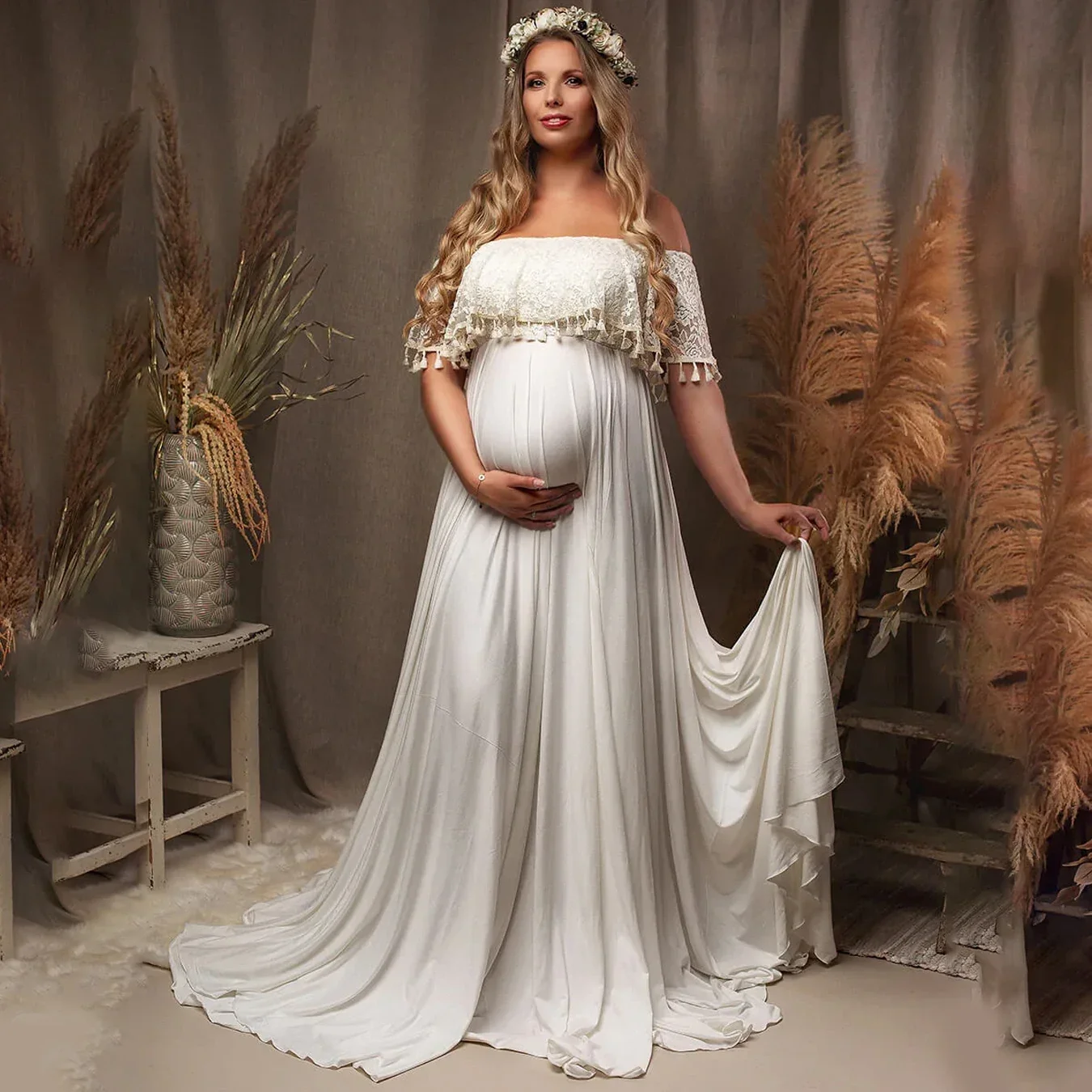 

Shoulderless Tassel Pregnant Woman Photography Dresses Milk Silk Long Floor Party Pregnant Women Photo Dress Maternity Costumes