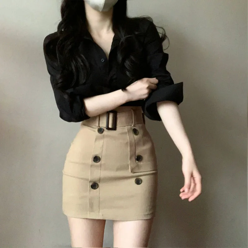 Fashion Elegant Khaki Skirts Women Summer High Waist Sexy Mini Pencil Skirt Vintage Jupe Femme