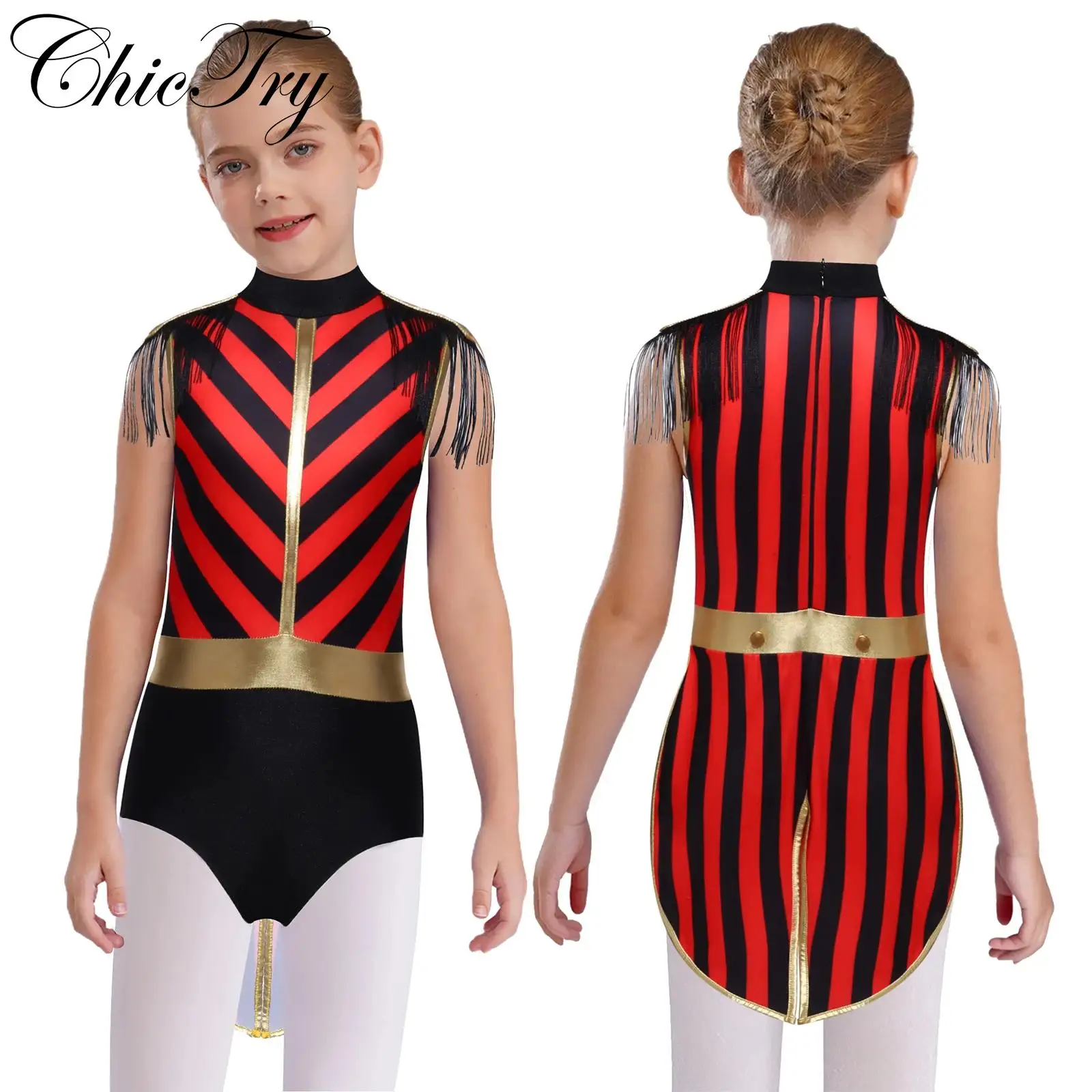

Kids Girls Circus Ringmaster Costume Halloween Cosplay Leotard Striped Shoulder Tassel Buttons Jumpsuit for Carnival Dress Up