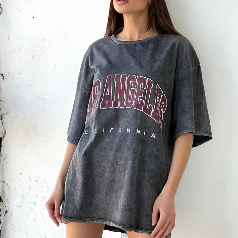 Cotton Washed T-shirt for Women Pink planet Printing Tops Loose O-Neck Oversized Tee Y2k Female Clothes Vintage Short Sleeve